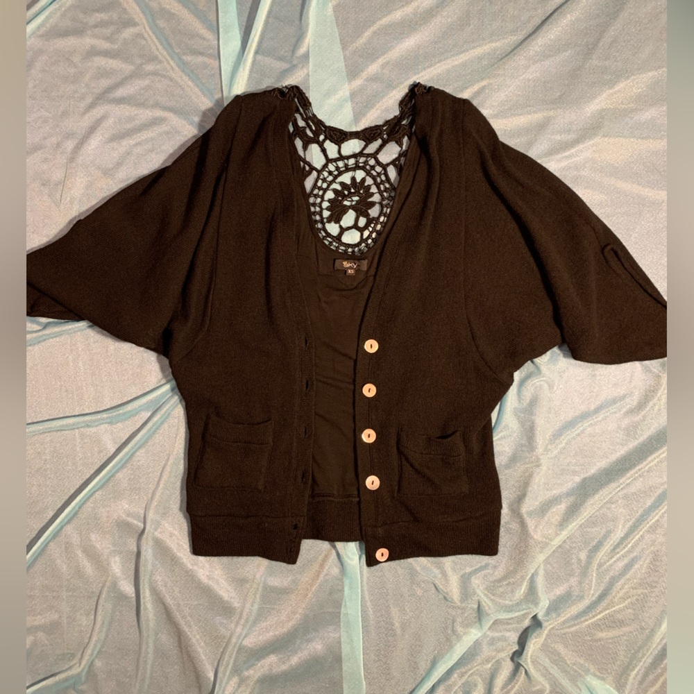 Sky Black Sweater Cardigan Cut Out Beautiful Design On The Back - Picture 1 of 6